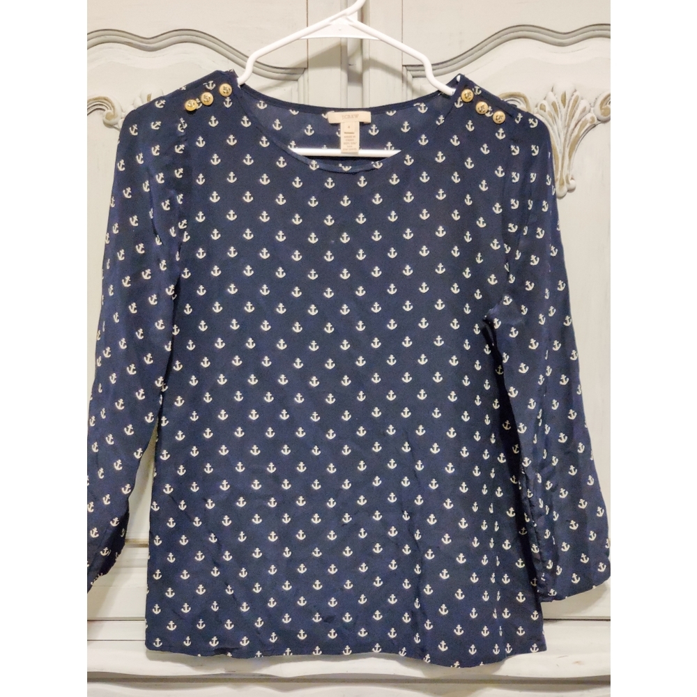 J. Crew 100% Silk Anchor Blouse Top 4 Scoop neck